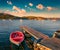 Small wooden pier on Nuevo Loca Beach. Captivating sunrise on Aegean sea