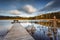 Small woody fishing pier at the lake.