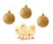 Small yellow chickens and gold christmas balls isolated on white