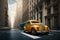 Small Yellow Classic Taxi in a Big City, futuristic style, generative ai