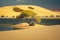 small yellow desert sand dune on shore of lonely lake in the desert