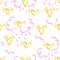 Small yellow hearts are isolated on a white background. Seamless pattern for design. Watercolor lovely drawing. Handwork pink rain