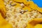 small yellow quail Chicks close-up on a yellow background and against the background of quail eggs on a poultry farm.