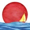 A small yellow sailboat against the backdrop of a giant red circle of the setting sun. Boat at sea. Setting sun. Hand