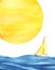 A small yellow sailboat on blue waves against the backdrop of a circle of a giant full moon. Boat at sea. Big yellow