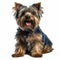 Small yorkshire terrier is sitting in front of a white background