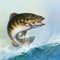 Smallmouth Bass jumps out of water realistic illustration.