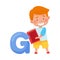 Smart Boy Pupil Holding ABC Book and Standing Near Big Alphabet Letter G Vector Illustration