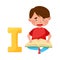 Smart Boy Pupil Sitting Near Big Alphabet Letter I and Reading ABC Book Vector Illustration