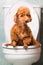 Smart brown poodle dog pooping into toilet bowl