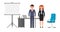 Smart business man and woman standing near office desk, flip chart and chair. Vector illustration of cartoon character people.