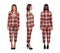 Smart businesswoman in red chequer suit front, side, back view, isolated