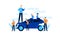 Smart car services mini people developing smart car flat illustration