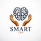 Smart Care concept, vector logo or icon design of human anatomical brain with careful tender .