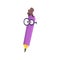 Smart cartoon purple pencil comic character wearing glasses, humanized pencil with funny face vector Illustration