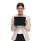 Smart casual woman holding and presenting black empty screen