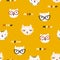 Smart cats seamless pattern. Cute kittens in glasses. Children's characters in a simple hand-drawn naive cartoon