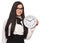 Smart caucasian businesswoman in formal wear holding clock isolated