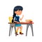 smart chinese girl sitting at desk with books studying at school cartoon vector