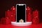 Smart christmas phone and christmas gifts on the screen with red background. 3 d rendering .