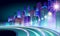 Smart city 3D neon glowing cityscape. Intelligent building highway route night futuristic business concept. Web online