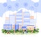 Smart city background a modern cityscape with icons, flat vector illustration.