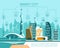 Smart city flat. Cityscape background with different icon and elements.