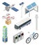 Smart City with Solar Panel, Recycling Bin and Drone Delivering Parcel Isometric Vector Set