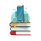 Smart city vector concept icon, flat cartoon university or school buildings on stack of books, idea of technology urban