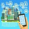 Smart city vector flat concept with internet thing, business communication and technology icons