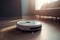 Smart cleaning robot vacuum cleaner on the laminate in the living room. Robotic vacuum cleaner on a wooden floor. Generative AI
