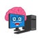 Smart Computer with brains isolated. Brain in PC Cartoon Style. data processor brainy Vector