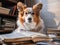 Smart Corgi Dog in Glasses is reading a Book. Book Lover Day. Generative Ai