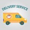Smart Delivery Service Concept. Mail Truck Van On The Abstract Background With Navi Tags And Open Cardboard Box On the