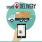 Smart delivery service concept. Smartphone with delivery service application on a screen, car, street map and location pointer.