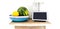 Smart display and smart speaker on kitchen shelf