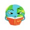 Smart Earth planet character reading a book, cute globe with face and hands vector Illustration