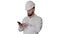 Smart engineer in white shirt and safety engineering hat using smartphone on white background.