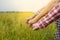 Smart farmers doing hands fist on rice field