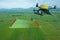 Smart farming concept, drone use a technology in agriculture with artificial intelligence to measure the area, photographer, and f