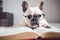 Smart French Bulldog dog with reading glasses and book. Generative AI