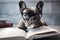 Smart French Bulldog dog with reading glasses and book. Generative AI