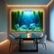 a smart futuristic dining room with a bioluminescent algae aquarium embedded in the wall.