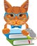 Smart ginger cat with books and funny mouse