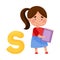 Smart Girl Pupil Holding ABC Book and Standing Near Big Alphabet Letter S Vector Illustration