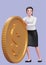 smart girl in white shirt and black skirt pushing a giant gold coin rolling forward