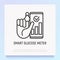 Smart glucose meter thin line icon: hand with blood drop and smartphone with a result. Modern vector illustration of diabetes