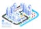 Smart grid cities and buildings isometric vector illustrations