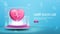 Smart health care, blue banner with interface elements and 3d heart on pink podium