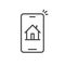 Smart home on phone vector illustration, line outline art protection and security remote control technology for house